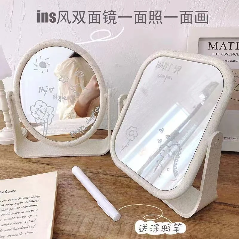 简约双面旋转化妆镜台式小镜子居家宿舍高清公主镜方圆两款可选择