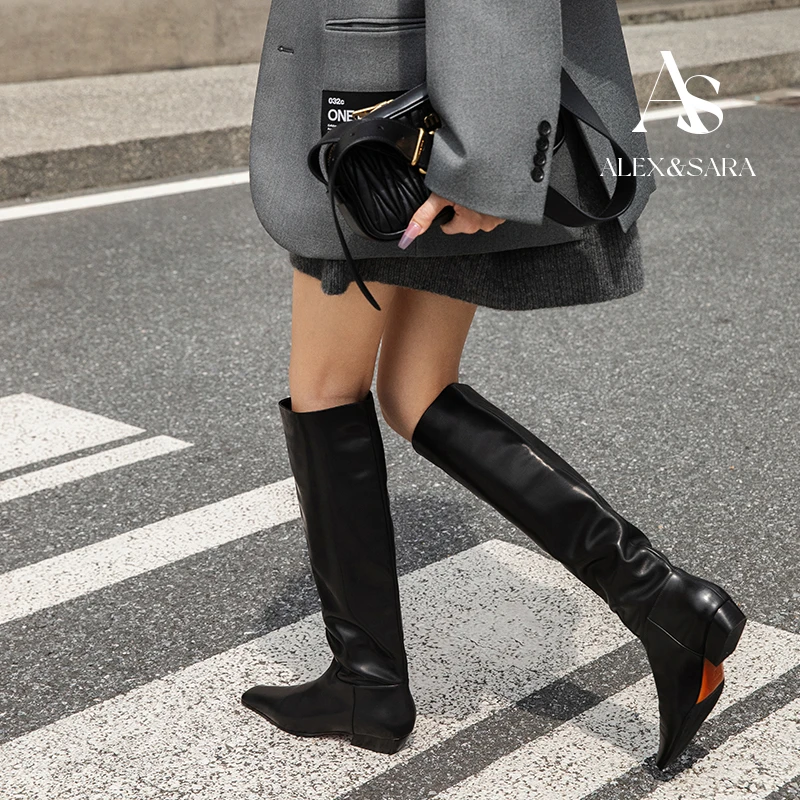 ALEXSARA 2025秋冬新款 小方头真皮平跟直筒靴不过膝长靴高筒靴子