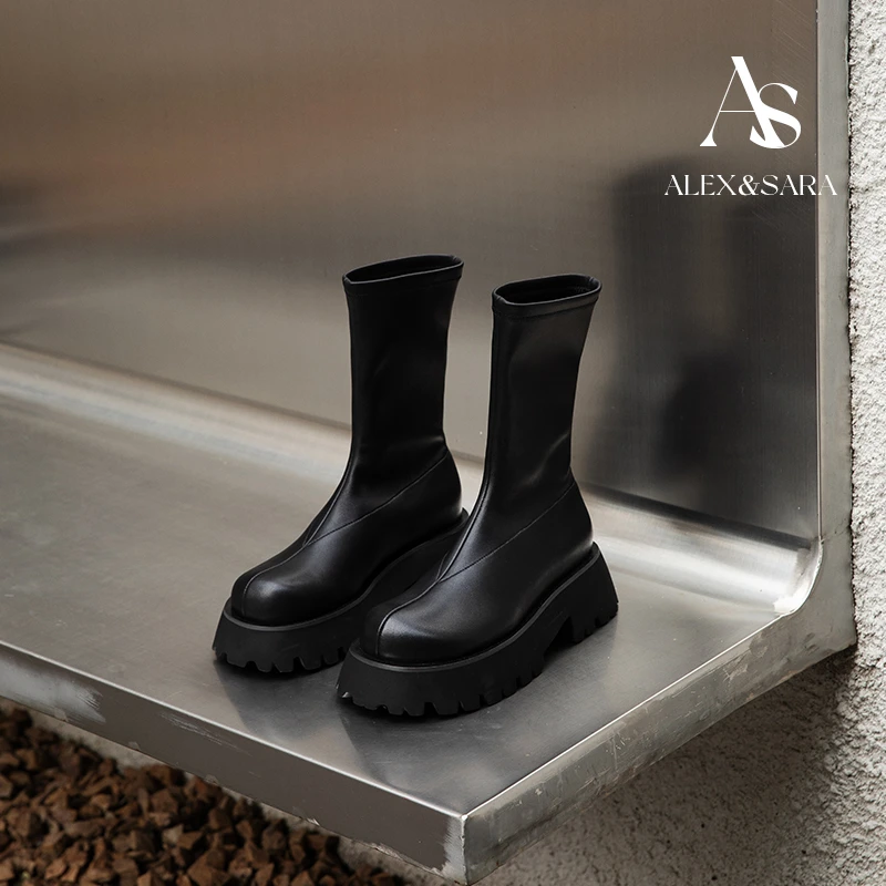 ALEXSARA原创设计 2025秋冬新品 帅气厚底大头中筒真皮弹力马丁靴