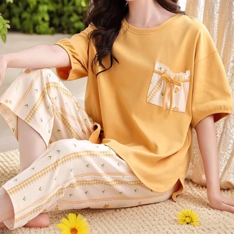 8040带胸垫短袖七分裤宽松睡衣女套装女士休闲家居服套装