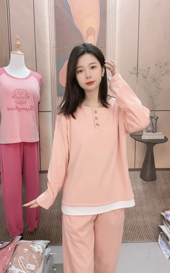 924澳绒带胸垫长袖长裤韩版睡衣家居服套装YZT