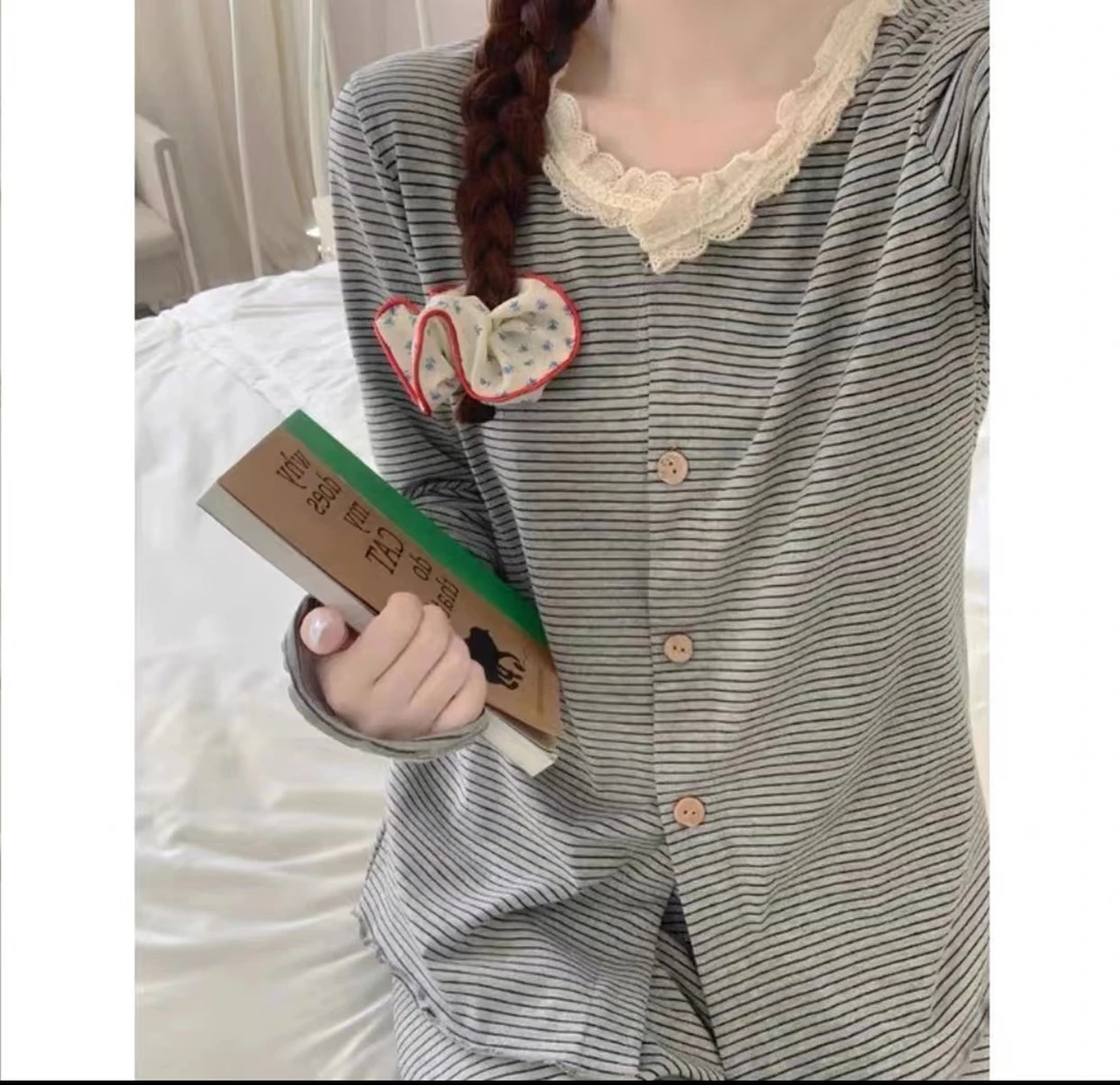 D991春秋款带胸垫长袖长裤女韩版睡衣家居服套装YZT