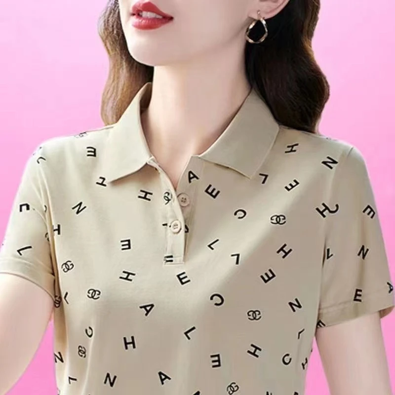 2024新款翻领上衣短袖t恤女夏大码中年妈妈polo领体恤时尚洋气衫