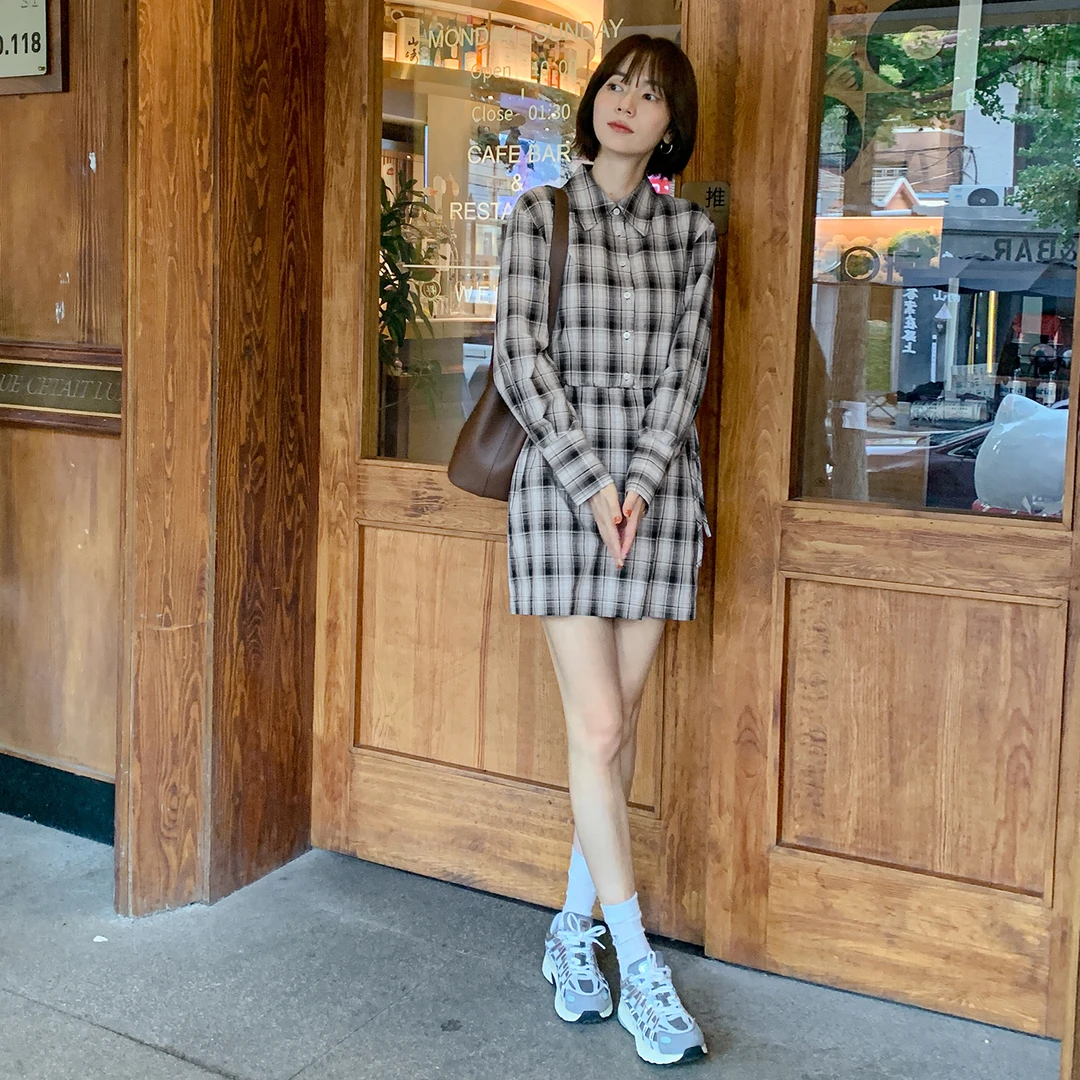 现货-【格子控】FS406L132格纹收腰连衣裙