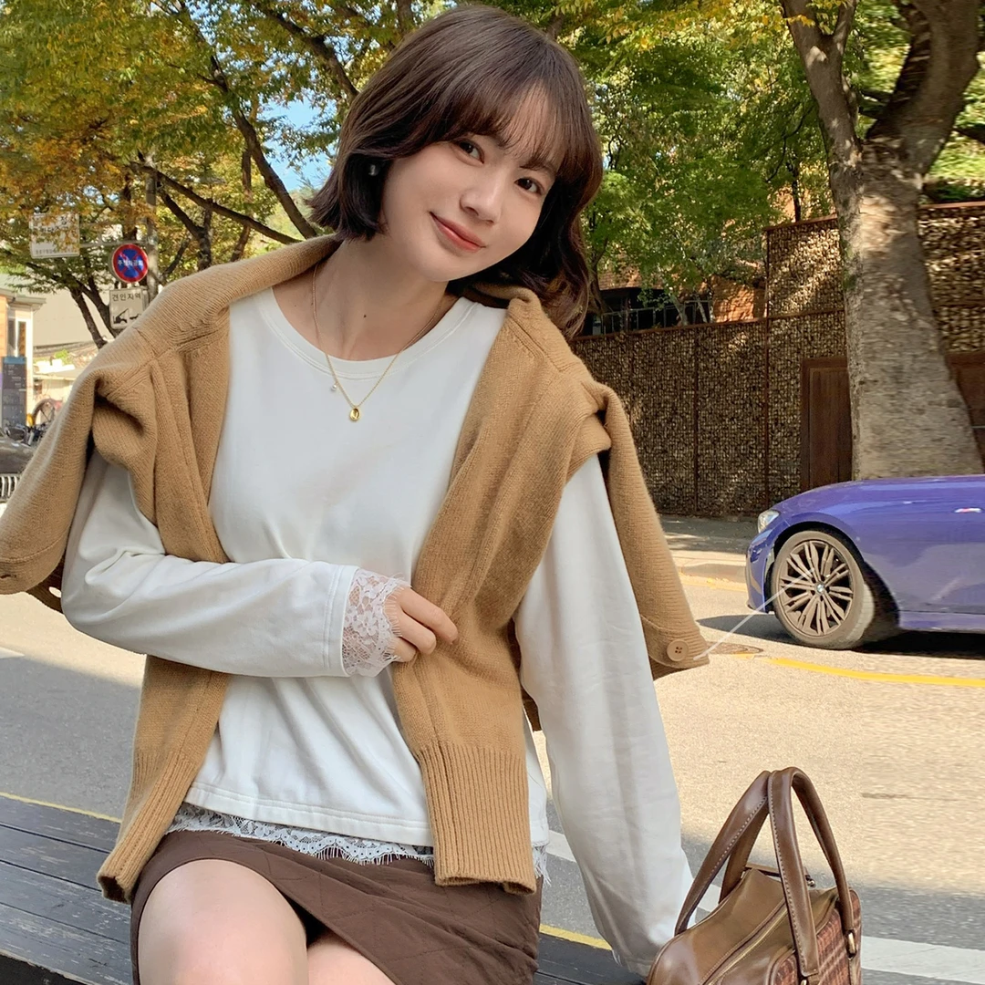 现货-【白蕾丝打底衫】FS410S012蕾丝花边长袖T