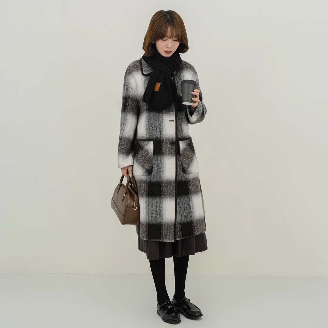 现货-【落日剧场】FS409W111长款格纹双面呢大衣