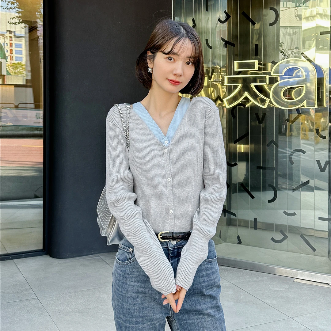 现货-【优雅双重奏】假两件针织开衫FS305S027