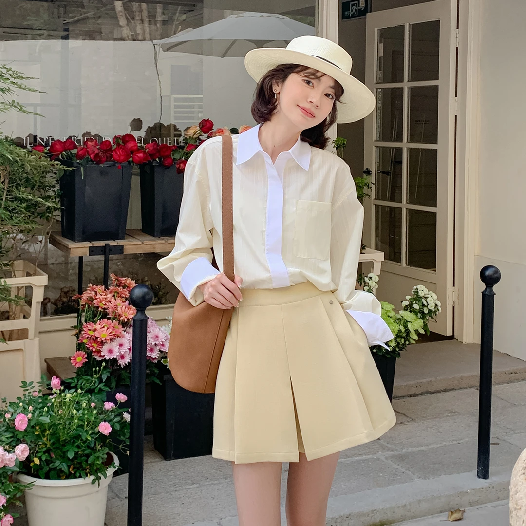 法儿家韩国限定「新品」【月光花窗】条纹拼色衬衣FS401S014