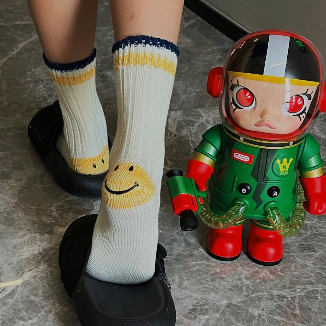 十万袜皮【三双装】15色笑脸袜拼色条纹手工粗针中筒袜日系ins风