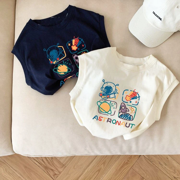 纯棉宝宝可爱宇航员儿童无袖T恤2024中小童男女童背心上衣夏季潮t