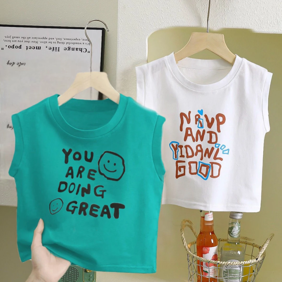 儿童纯棉背心新款宝宝中小T恤夏季洋气男童字母印花女童无袖上衣