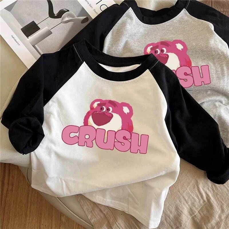 纯棉儿童长袖男女童装2023秋装洋气草莓熊可爱印花中小童打底衫