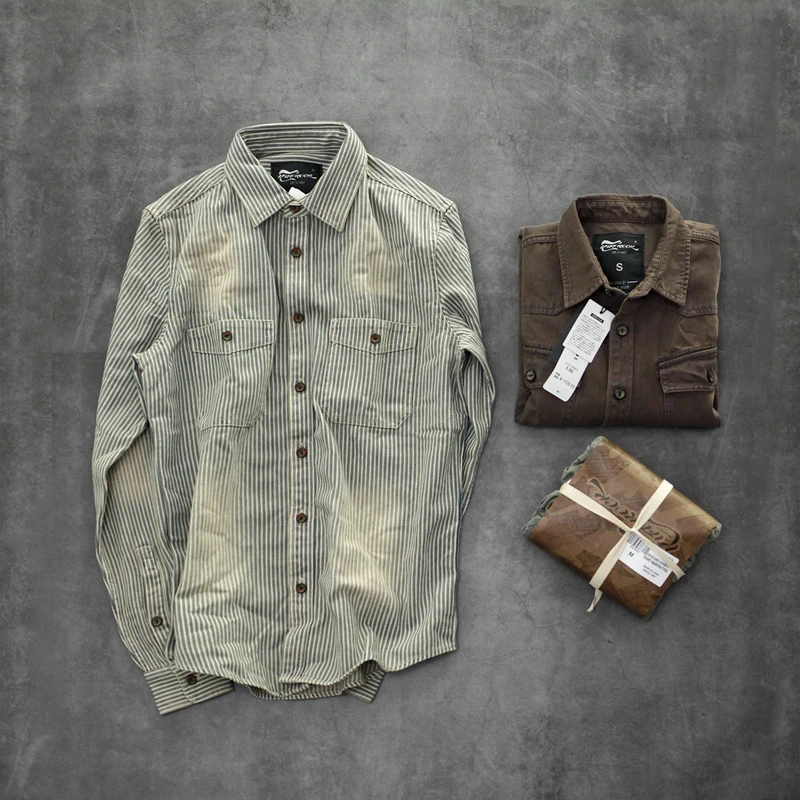秋季阿美咔叽做旧砂洗复古衬衣潮流休闲百搭男装修身长袖条纹衬衫