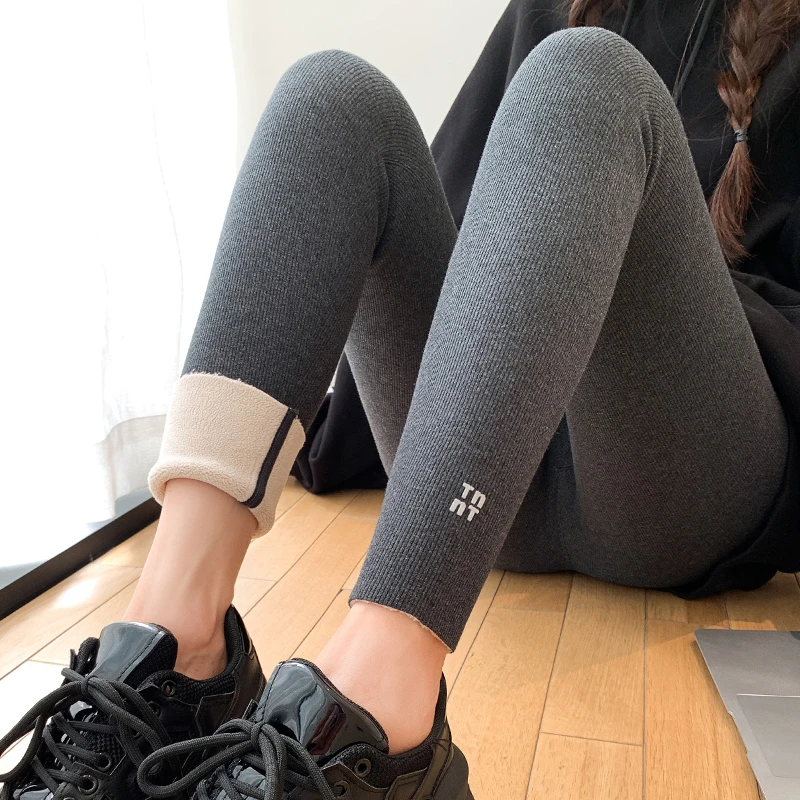 羊羔绒打底裤女外穿秋冬新款高腰加绒加厚一体保暖裤修身灰色棉裤