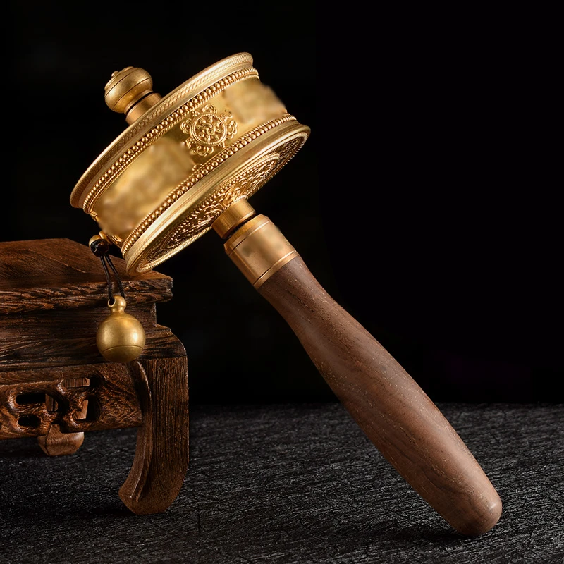 黄铜手摇转筒藏传转轮六字莲花底座居家随身双轴承顺滑摆件大小号