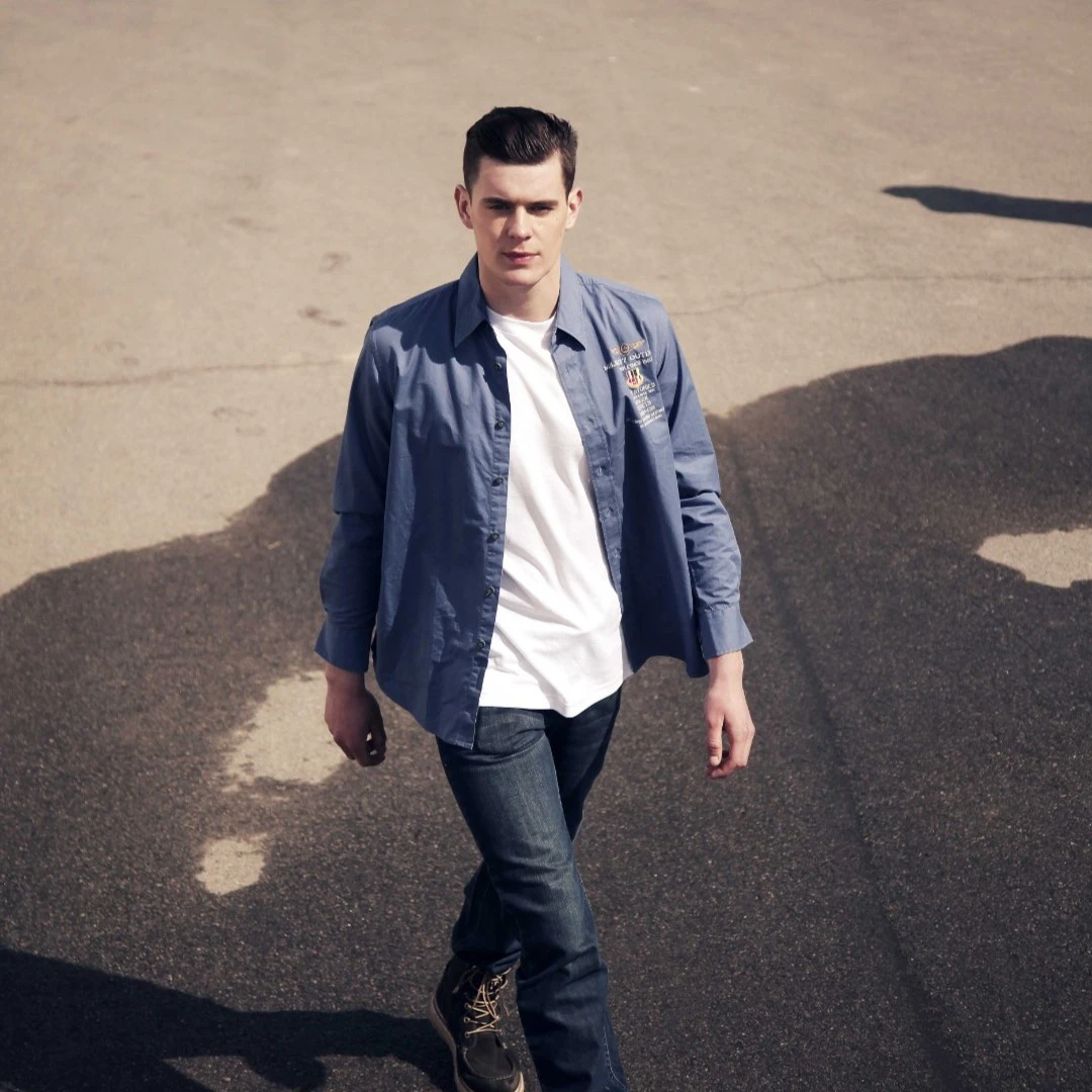 3543/3543男士长袖蓝灰衬衫翻领上衣秋季纯色男装外套衬衣MST109