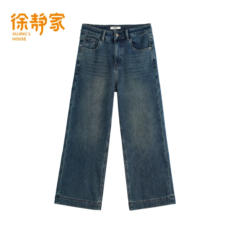 徐静家秋冬加绒法棍裤高腰显瘦弹力宽松牛仔裤直筒长裤6790001