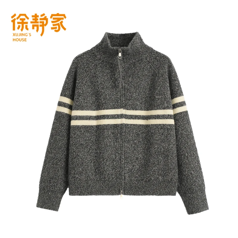 徐静家 5010792时尚立领双拉链拼色条纹休闲洋气新款高领立领开衫