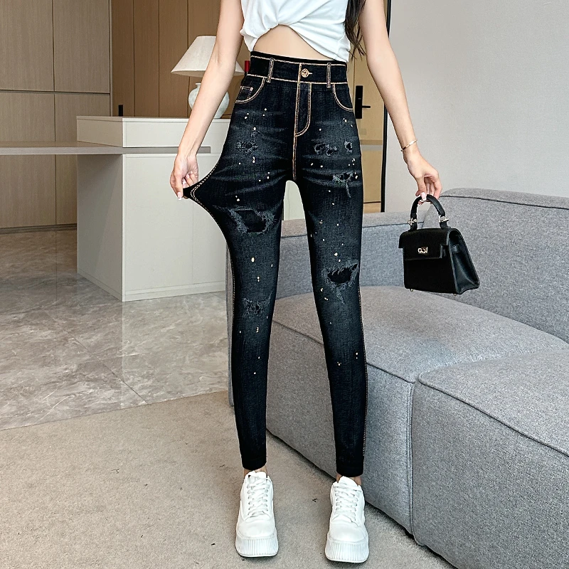 仿牛仔春季莫代尔修身显廋百搭高腰大码铅笔裤女士外穿印花打底裤