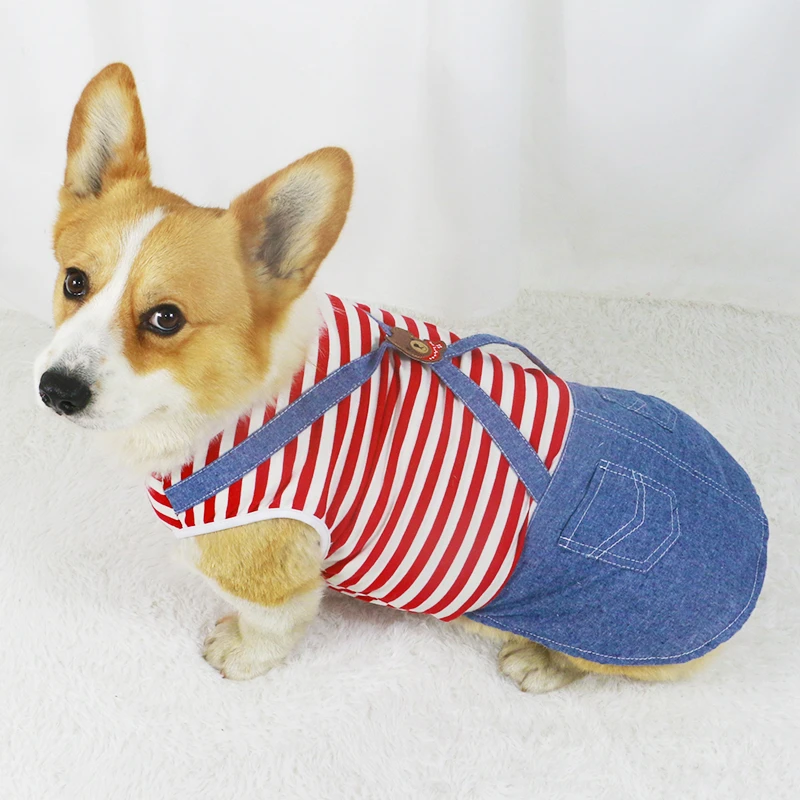 宠物衣服春夏新款薄款透气条纹背心柯基法斗柴犬泰迪中小型犬牛仔