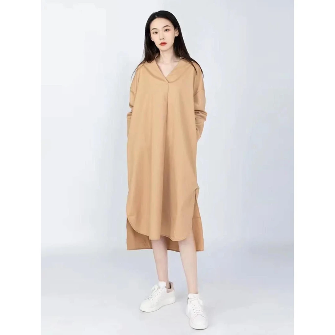 v领套头纯色直筒宽松连衣长裙5500346