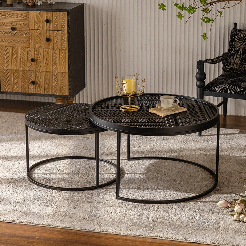 侘寂风实木雕刻茶几 复古客厅酒店接待处家用小户型圆形子母边几