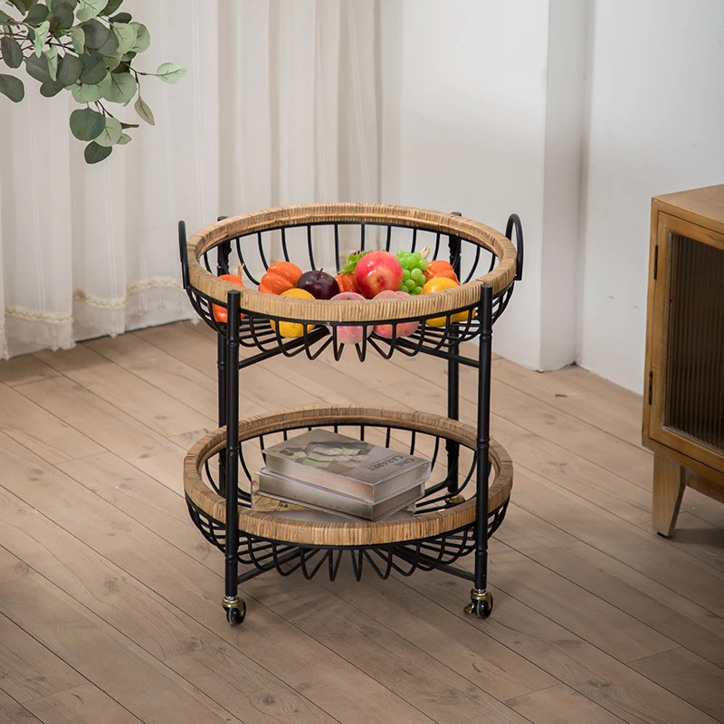 轻奢铁艺藤编杂物收纳架简约客厅沙发边几创意复古厨房推车置物架