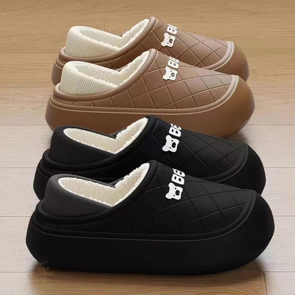 买一送一防水棉拖鞋女士冬季室内家居防滑保暖包跟情侣棉鞋女外穿