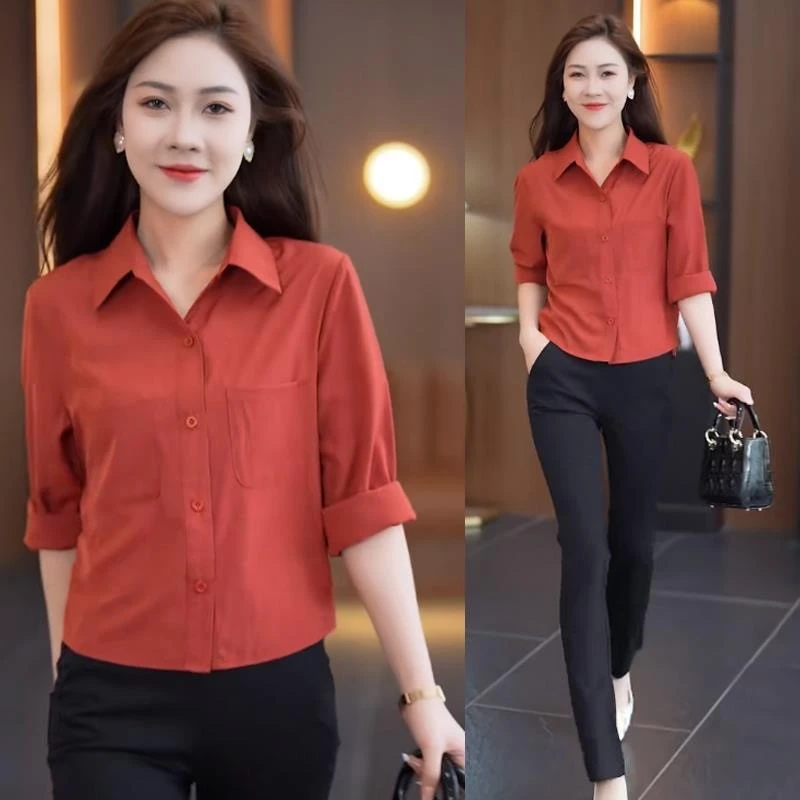 时尚显瘦洋气纯色大码衬衣小个子上衣遮肚子衬衫中年妈妈打底长袖