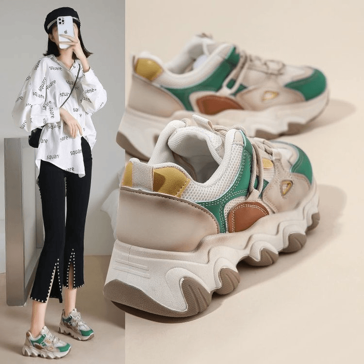 回力瑞2024春秋季新款松糕底中跟圆头网面鞋运动鞋网纱橡百搭厚底