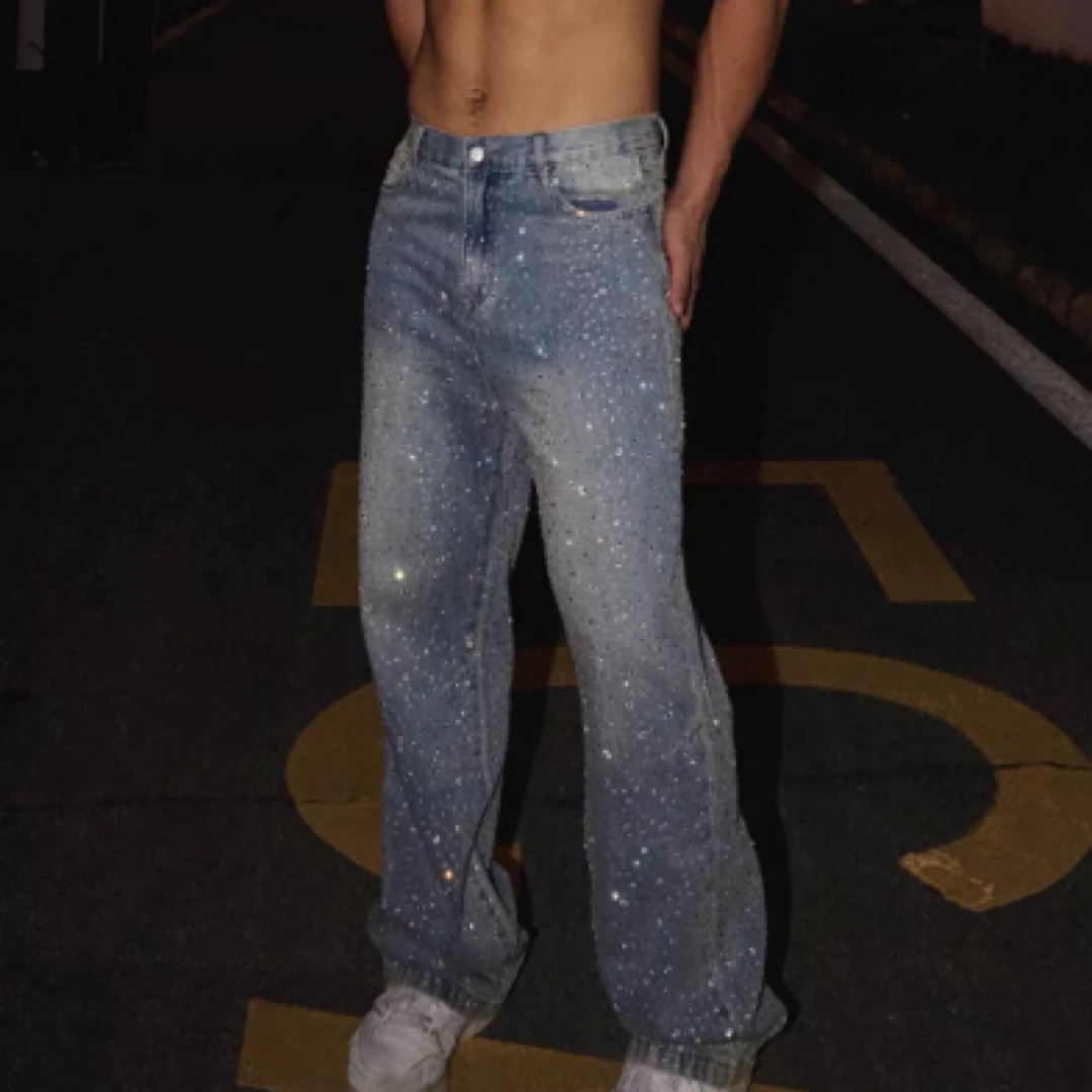 PAPASLILMONSTERstaple满钻牛仔裤男小众闪钻直筒长裤男女同款