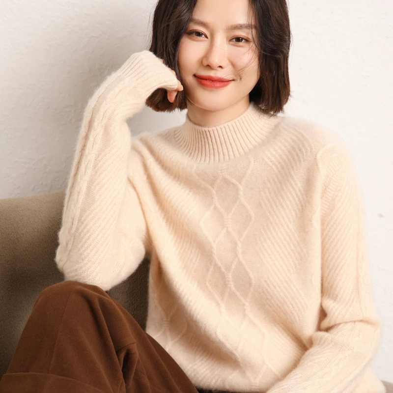 【商场同款】重磅加厚100%羊绒衫宽松半高领提花打底针织衫女XX8154