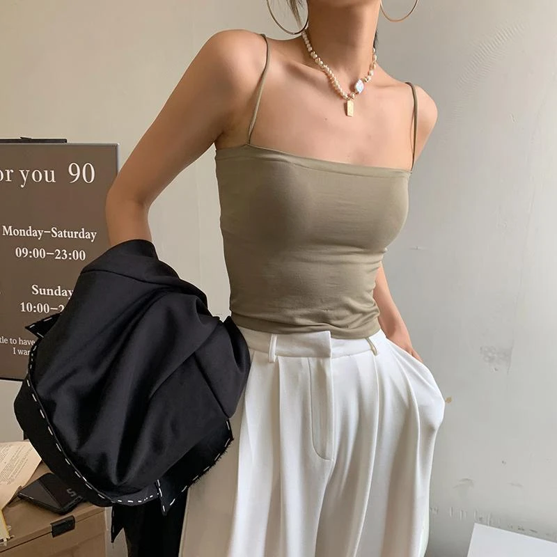 性感辣妹纯色吊带背心女一体带胸垫内搭外穿显瘦打底抹胸美背上衣