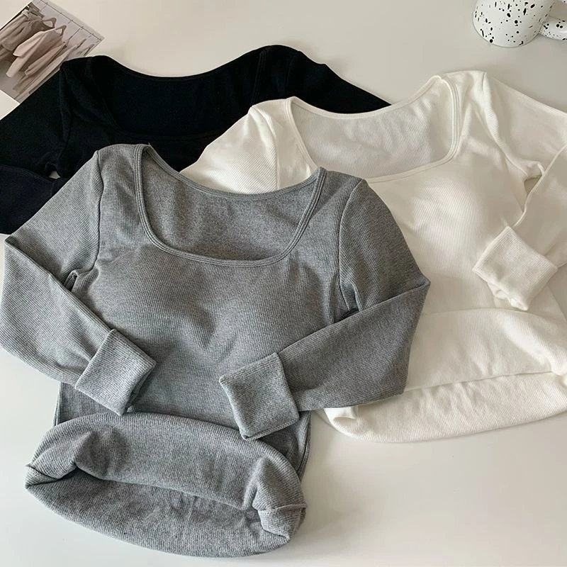 娇诗莹加绒加厚长款T恤背心女带胸垫内搭秋冬季保暖打底衫上衣女