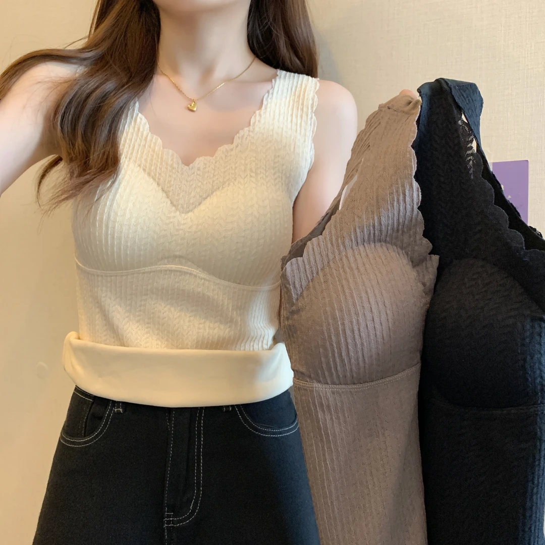秋冬无痕德绒保暖背心女带胸垫内穿打底加绒加厚蕾丝保暖内衣外穿