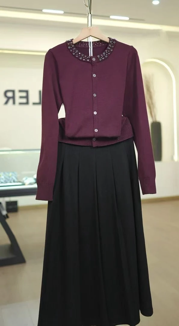 【658套装】薇乐女装长袖针织衫气质暗紫红时尚百搭纯色秋冬显瘦