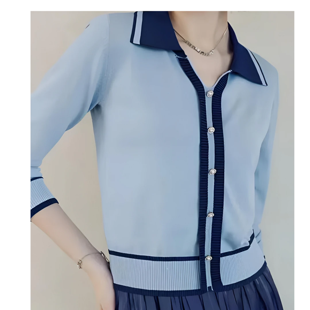 [476针织衫]气质洋气蓝色时尚减龄拼接撞色秋季女士小众翻领拼色