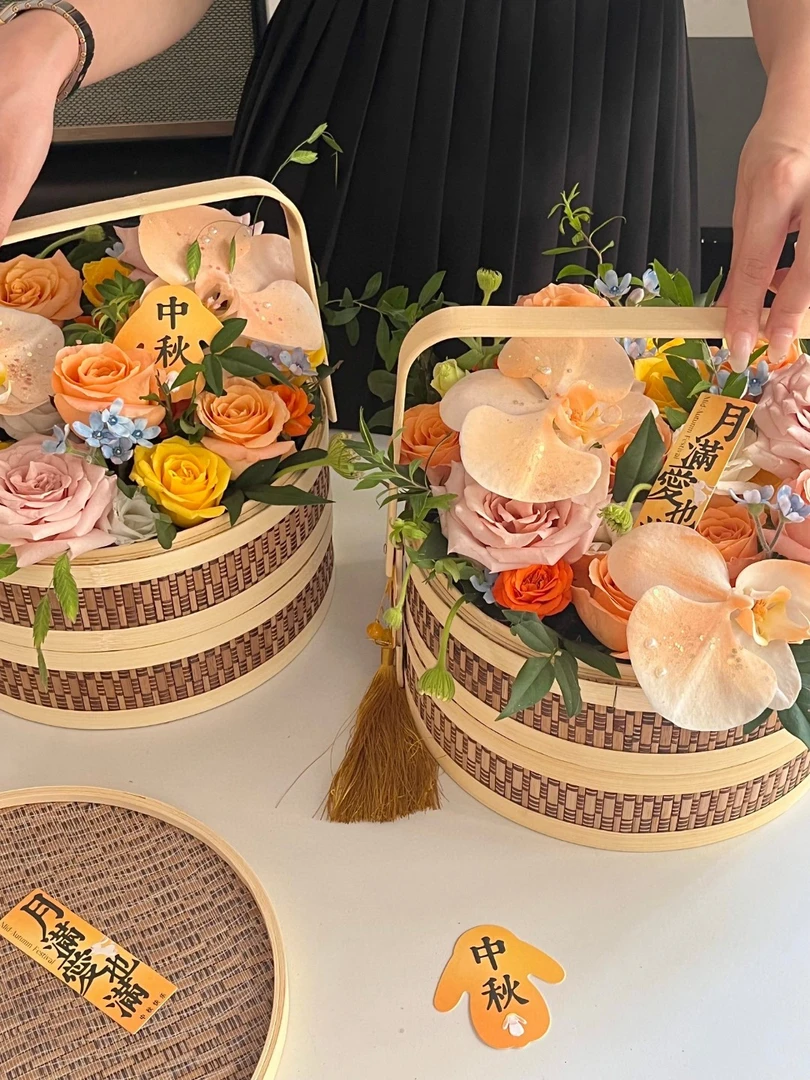中秋节月饼花篮端午节粽子插花竹编手提篮