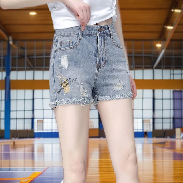 夏季新款洋气显瘦破洞牛仔短裤女宽松百搭韩版时尚印花高腰外穿