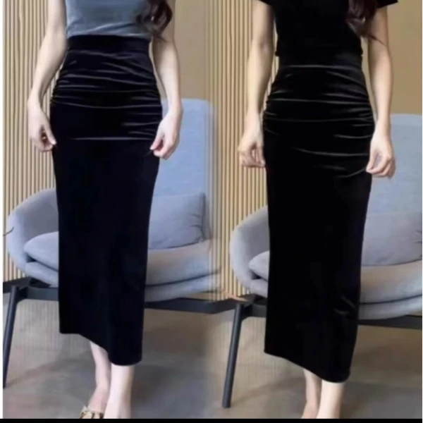 【粉丝福利】金丝绒半身裙中长款春秋新款开叉气质百搭显瘦包臀裙女