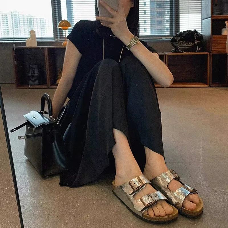 银色爆裂纹厚底拖鞋软木扣带时尚百搭勃肯鞋凉拖鞋女夏季外穿大码