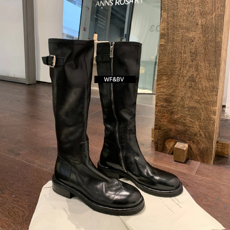 长筒靴粗腿显瘦水洗马皮厚底高级感骑士靴女长靴大码