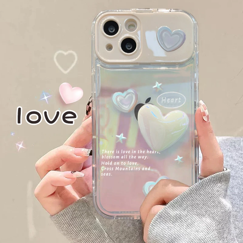 适用【苹果/华为/VIVO/OPPO/小米】极光爱心翻盖镜子防摔手机壳软