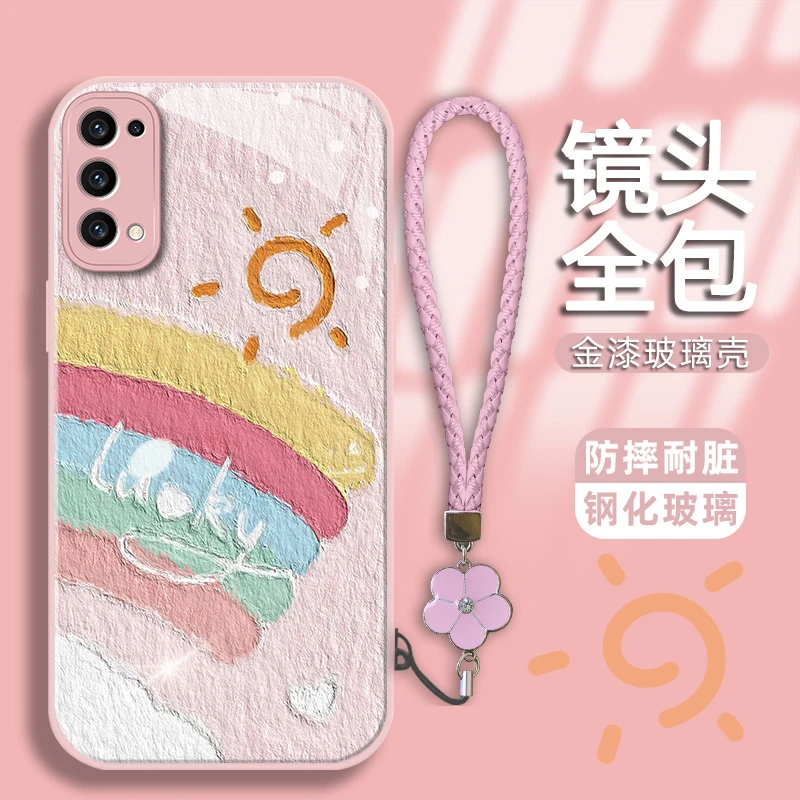 适用OPPOreno5pro手机壳太阳彩虹金漆玻璃壳软边全包防摔保护套