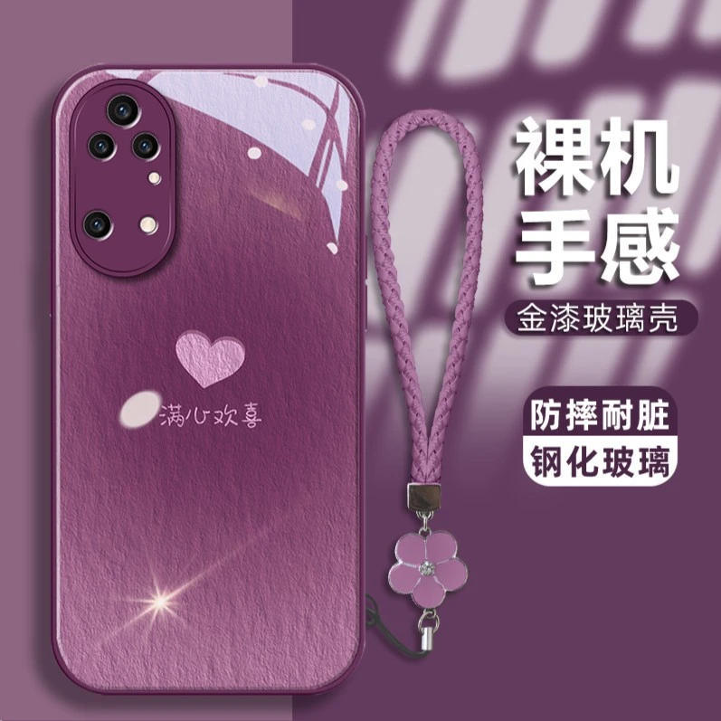 适用华为p50pro手机壳腮红满心欢喜金漆玻璃壳全包防摔保护套