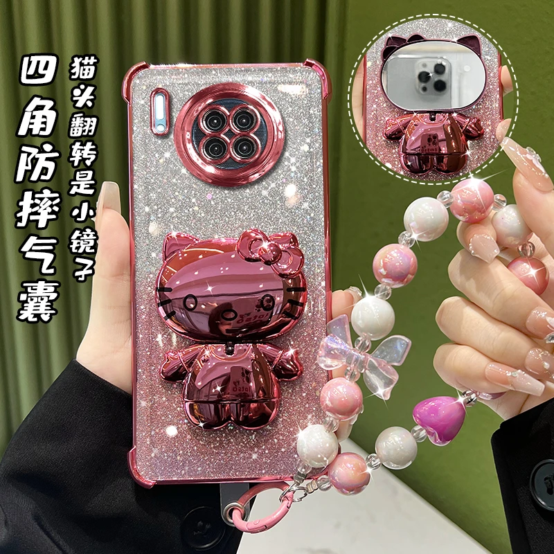 适用华为mate30/mate30pro四角防摔电镀猫咪镜子支架高级感手机壳