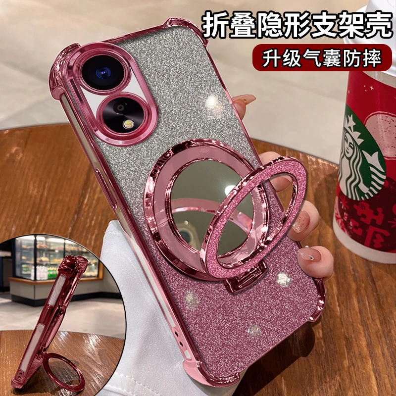 适用【OPPO】A1电镀四角防摔简约细闪高级感全包支架手机壳