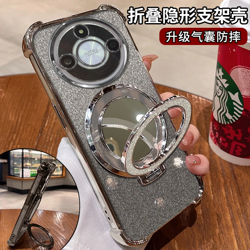 适用【华为】荣耀x40电镀四角防摔高级感全包细闪镜子支架手机壳