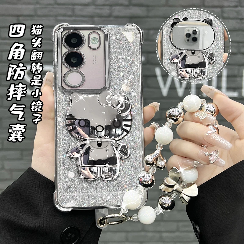 适用【VIVOS17】系列四角防摔电镀猫咪镜子支架高级手机壳