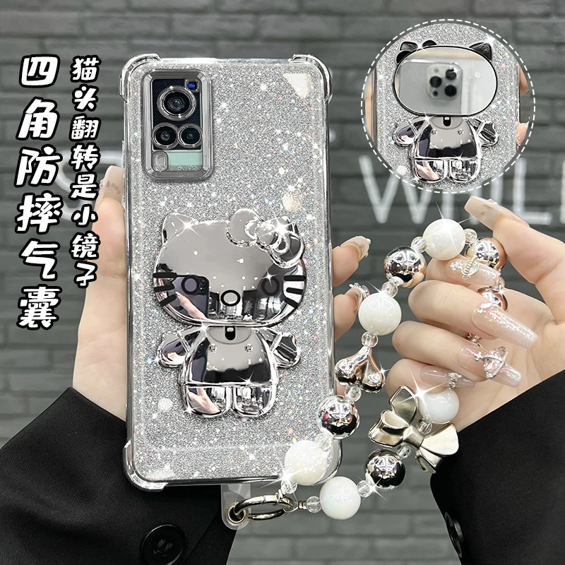 适用【VIVO】x60/x60pro四角防摔电镀猫咪镜子支架高级感手机壳机壳